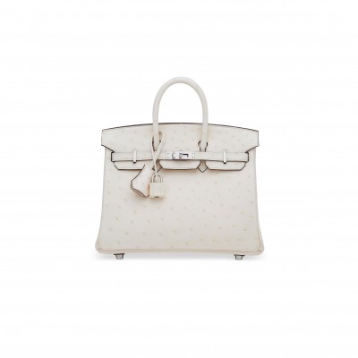 HERMÈS MASTER BIRKIN 25 OSTRICH LEATHER WOOL WHITE SILVER BUCKLE H041944CK86 (25*20*13cm)